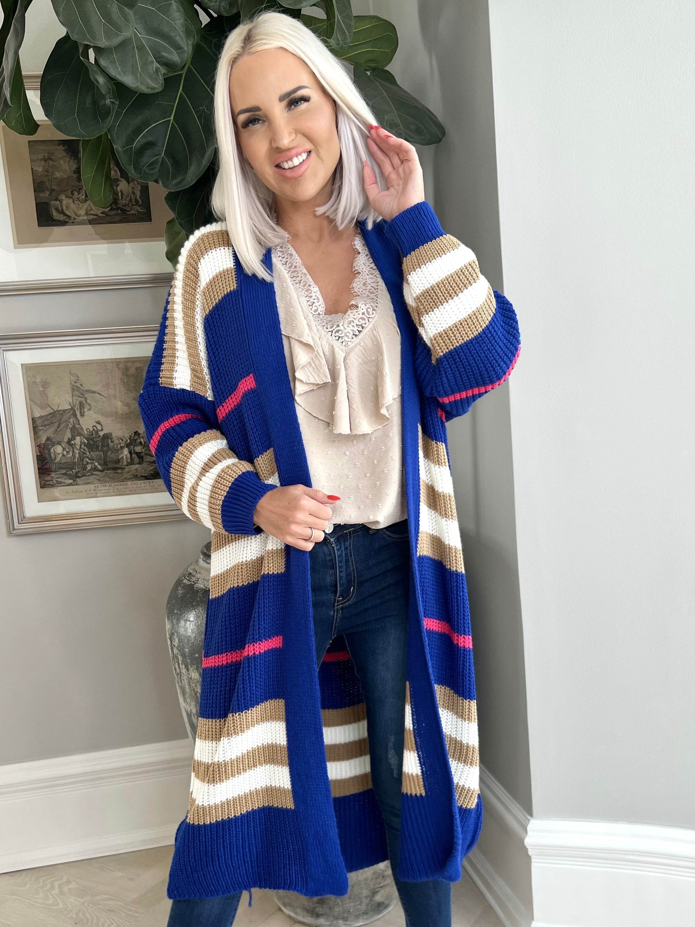 Mikla - Lang stribet cardigan i strik